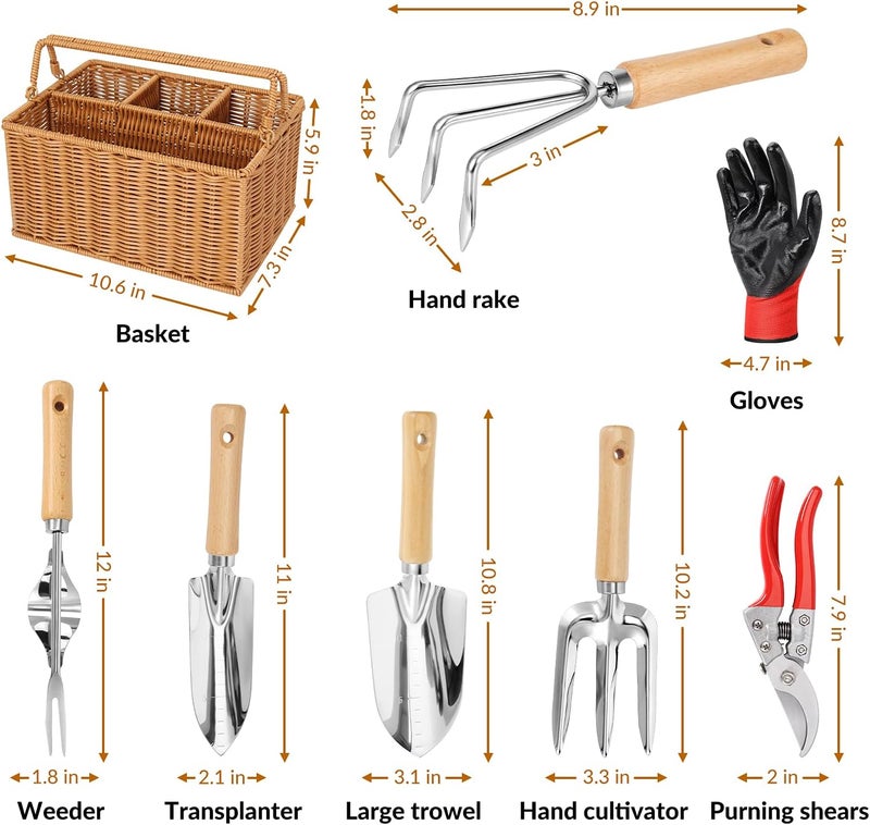 SOLIGT Garden Tools Set with Basket, Heavy Duty Stainless Steel Gardening Hand Tool with Wood Handle, Pruning Shears, Gloves - Perfect Gardening Gifts Planting Supplies for Women Men - Image 2